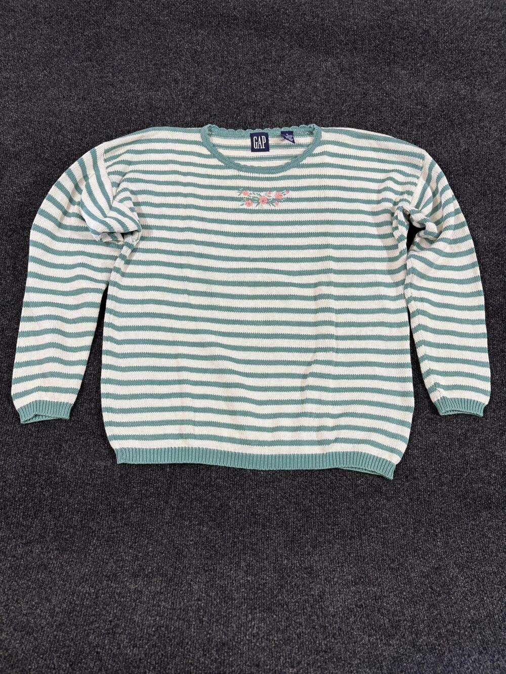 Gap Sweater Womens M Green Stripe Crew Neck Long Sleeve Floral Cotton Knit